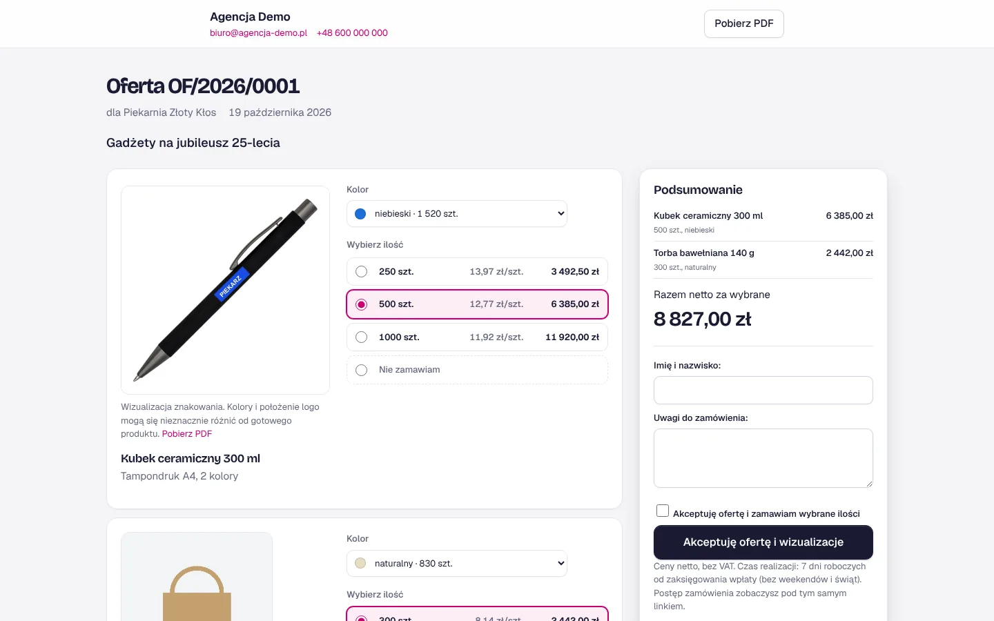 Oferta pod linkiem: klient wybiera kolor i ilość